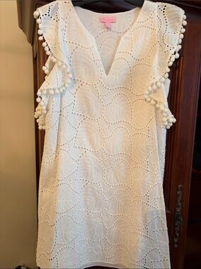 Lilly Pulitzer Cream Eyelet Pom-Trim Shift Dress